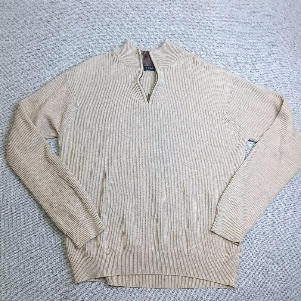 IZOD Quarter Zip Sweater Mens Medium Tan Excellent Ribbed Cotton Pullover